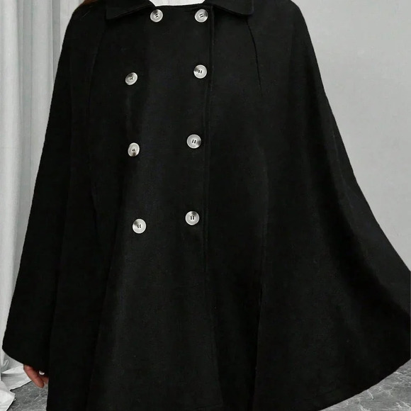Black Elegant Women's Plus Size Button Poncho Sleeve cape coat - Picture 5 of 6
